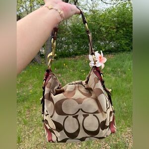 Coach Brown Signature Canvas Shoulder Bag with Red Trim